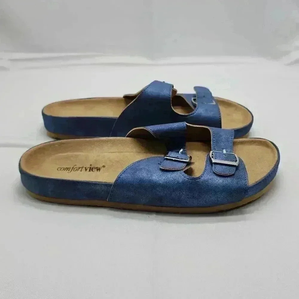 Comfortview Womens Maxi 15274 Cork Slide Sandals Blue Brown Size 8